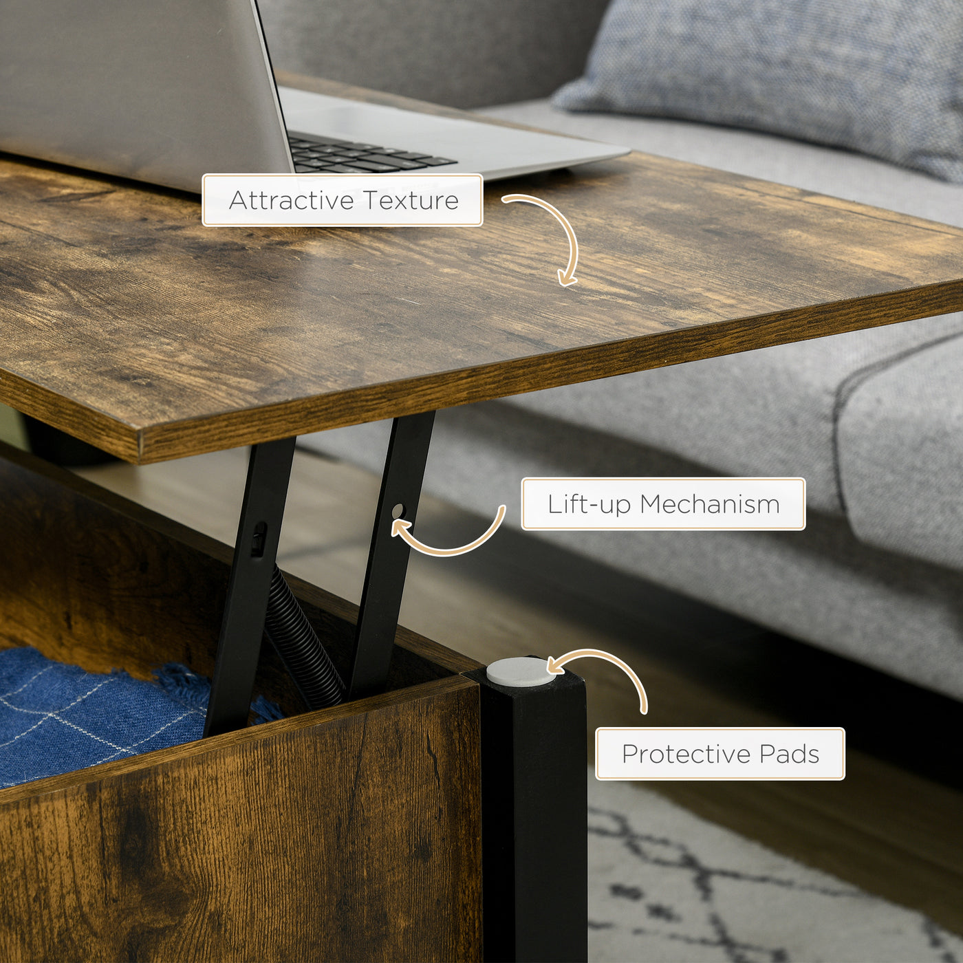 Lift Top Coffee Table, Modern Center Table with Storage Shelves and Hidden Compartment for Living Room, 41" L