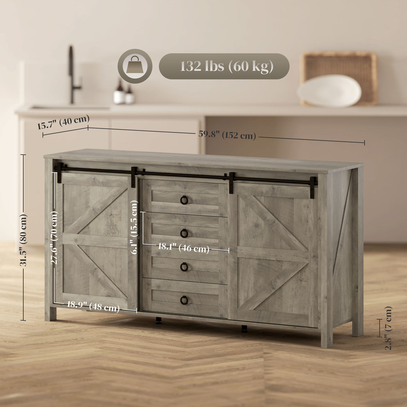 60" Buffet Cabinet, Farmhouse Sideboard with Sliding Barn Doors, Drawers and Adjustable Shelves, Distressed Light Grey