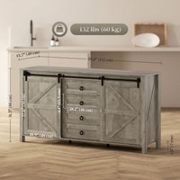 60" Buffet Cabinet, Farmhouse Sideboard with Sliding Barn Doors, Drawers and Adjustable Shelves, Distressed Light Grey