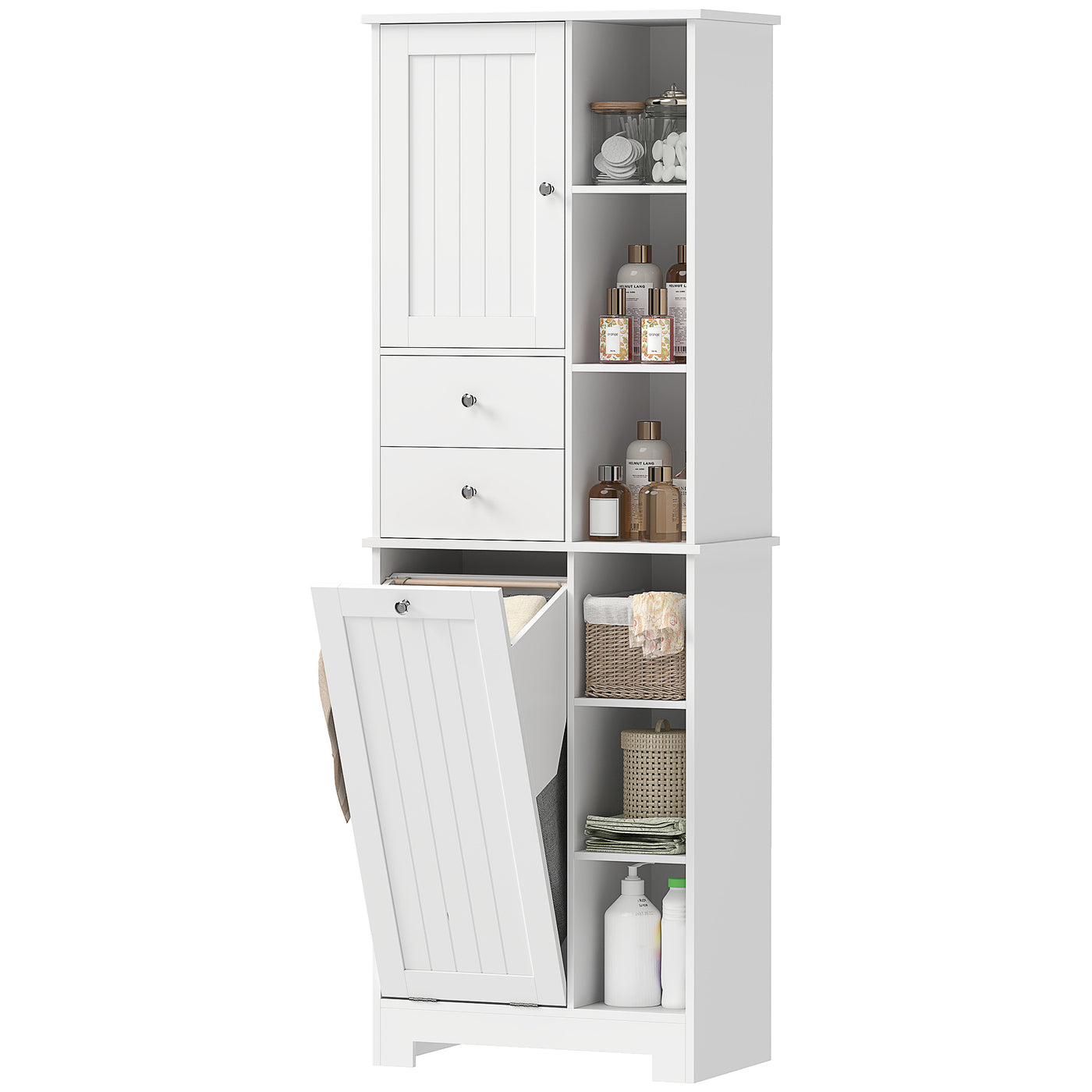 67" Tall Bathroom Storage Cabinet, Slim Bathroom Cabinet with Tilt-Out Laundry Basket, White