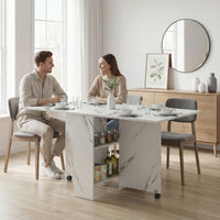 Extendable Dining Table, Collapsible Folding Table with 2-tier Shelves and Rolling Casters, Marble White