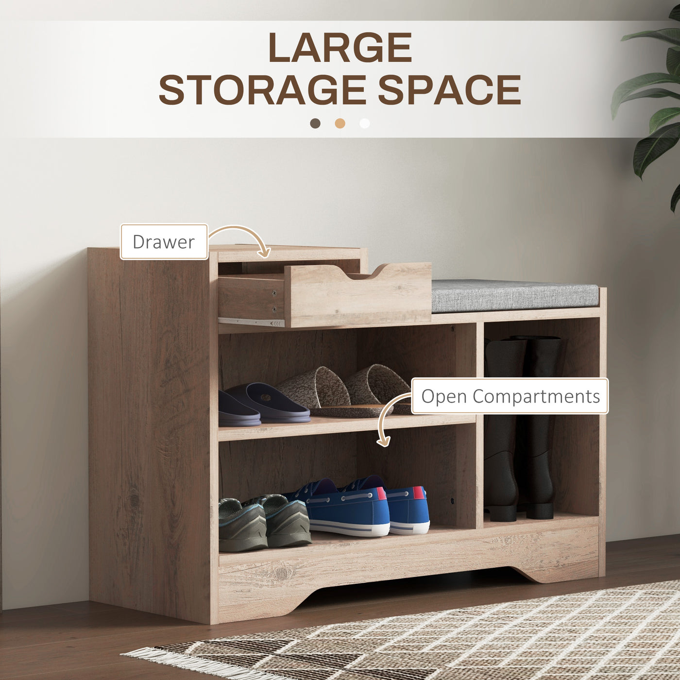Upholstered Shoe Storage Bench, Hallway Shoe Storage with Seat, Drawer, 3 Open Shelves for Entryway, Grey