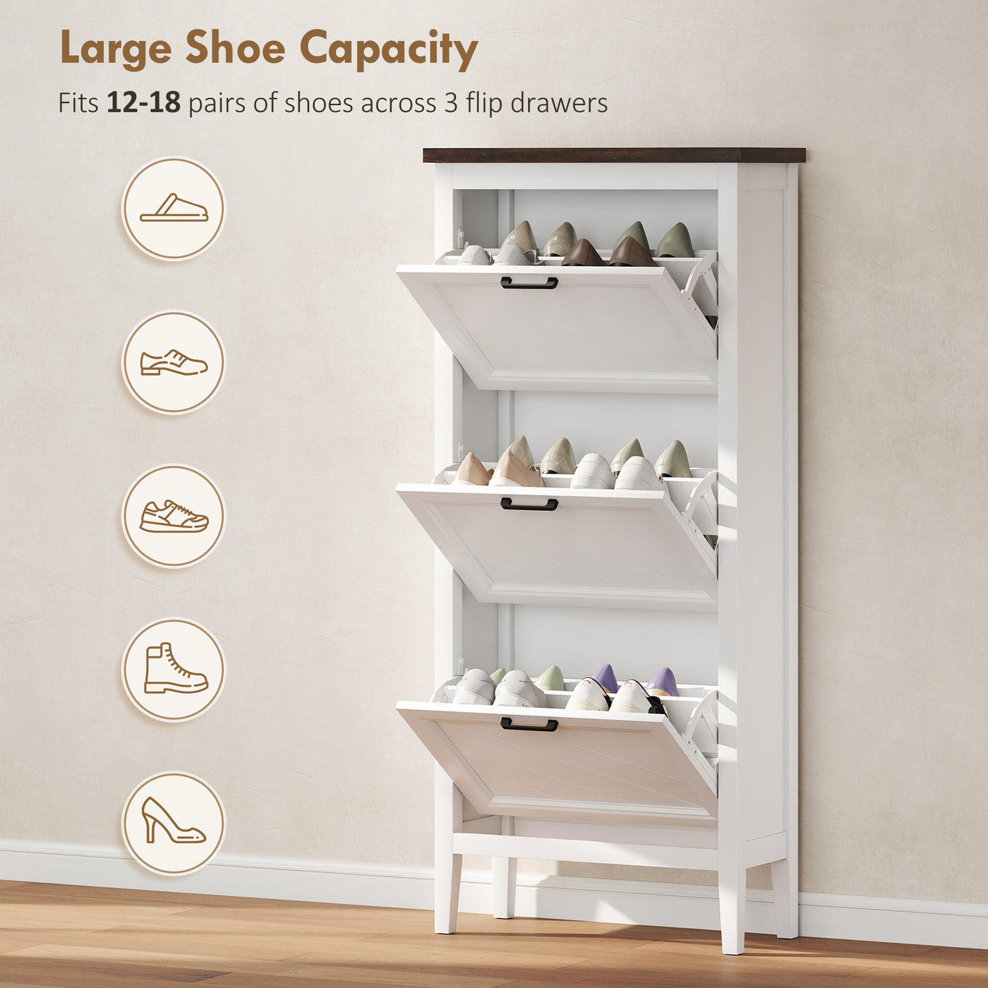 Shoe Cabinet with 3 Flip Drawers, Farmhouse Narrow Shoe Storage Cabinet with Adjustable Shelves, White