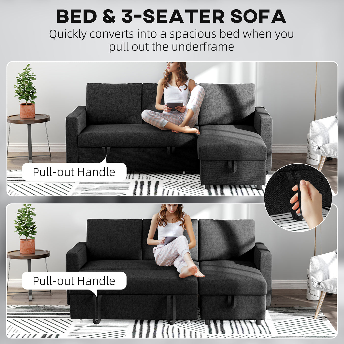 83" Sofa Bed, Pull Out Sleeper L Shaped Sectional Couch with Reversible Storage Chaise, Wide and Deep Seat, Black