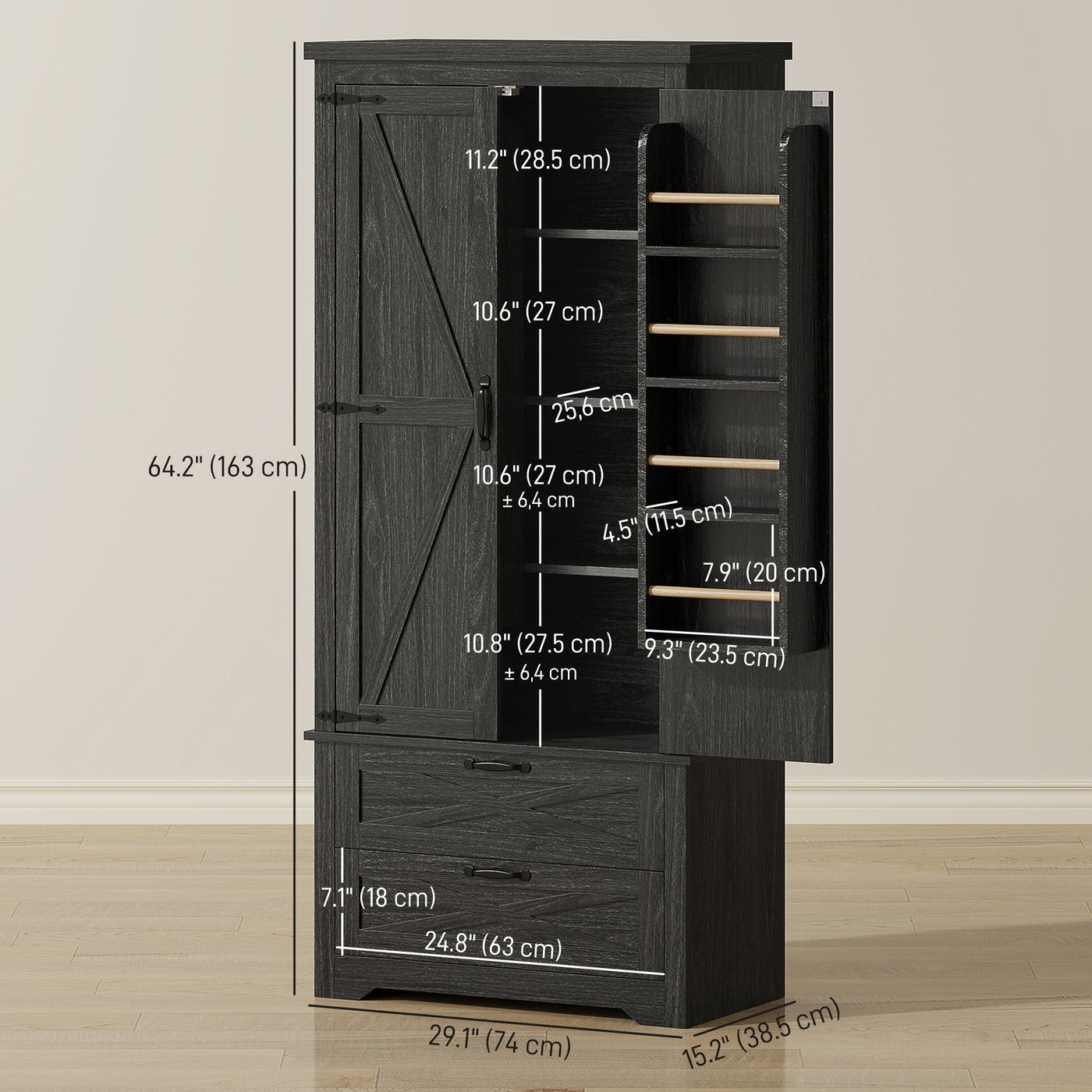 Farmhouse Kitchen Pantry Storage Cabinet, 64" Freestanding Kitchen Pantry Cabinet with Drawers, Distressed Black