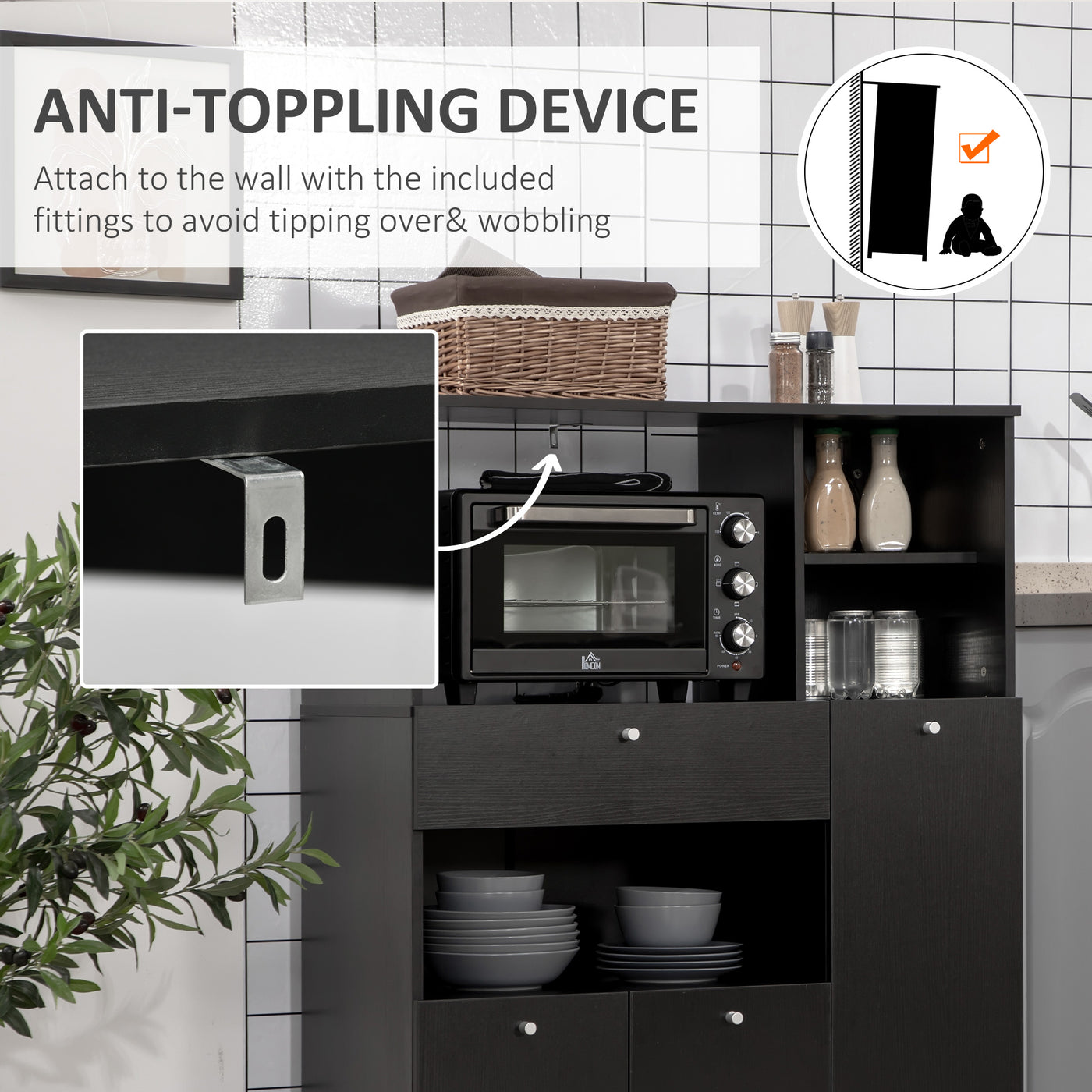 Compact Kitchen Pantry Buffet Server Hutch Storage Cabinet  with Microwave Oven Stand Drawer and Shelves, Black