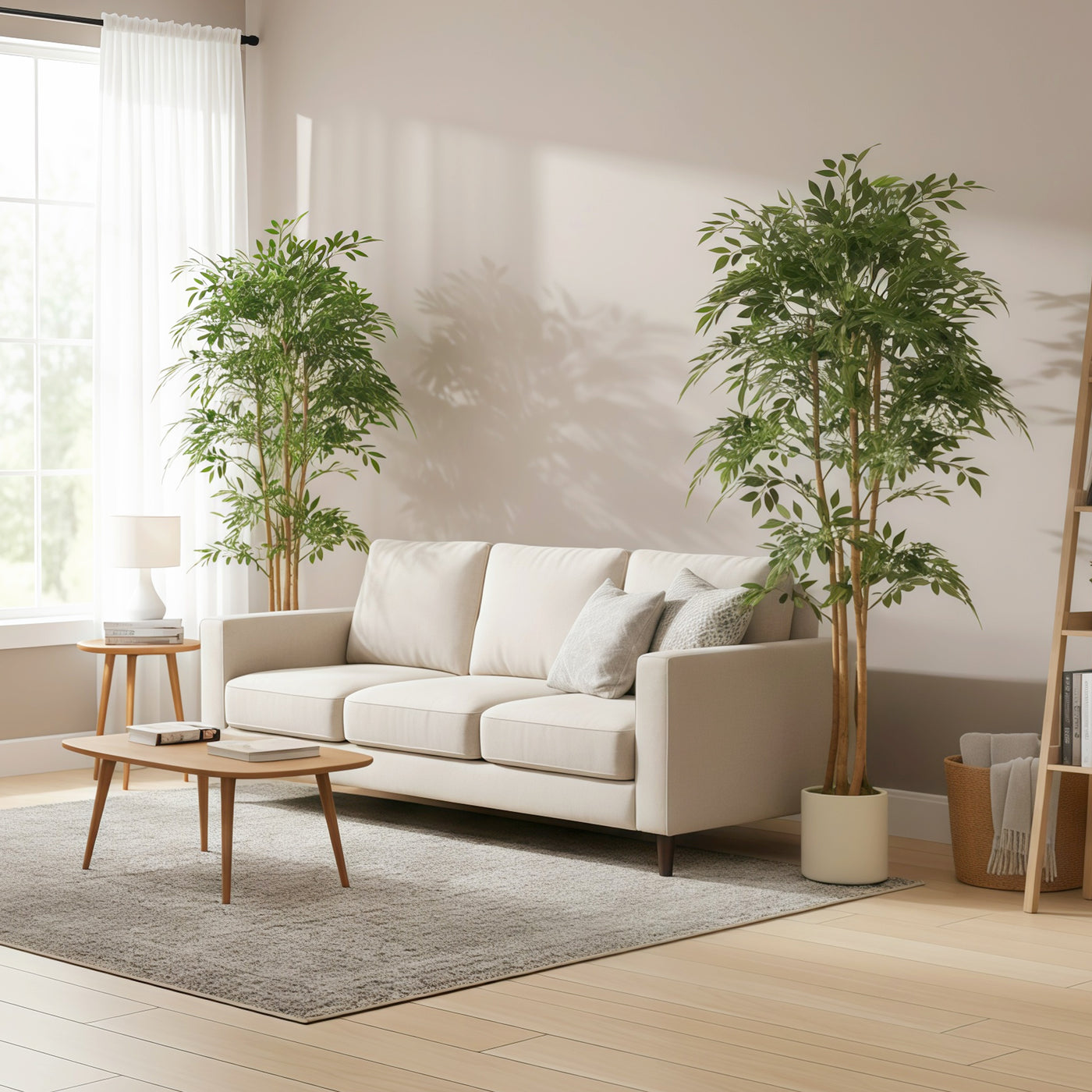 6FT Artificial Banyan Tree Set of 2, Fake Potted Tree with Solid Wood Trunk and Pot for Indoor