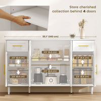 55" Buffet Cabinet with Soft-Close Doors, Modern Sideboard with 2 Drawers, 3 Adjustable Shelves and 4 Doors, White