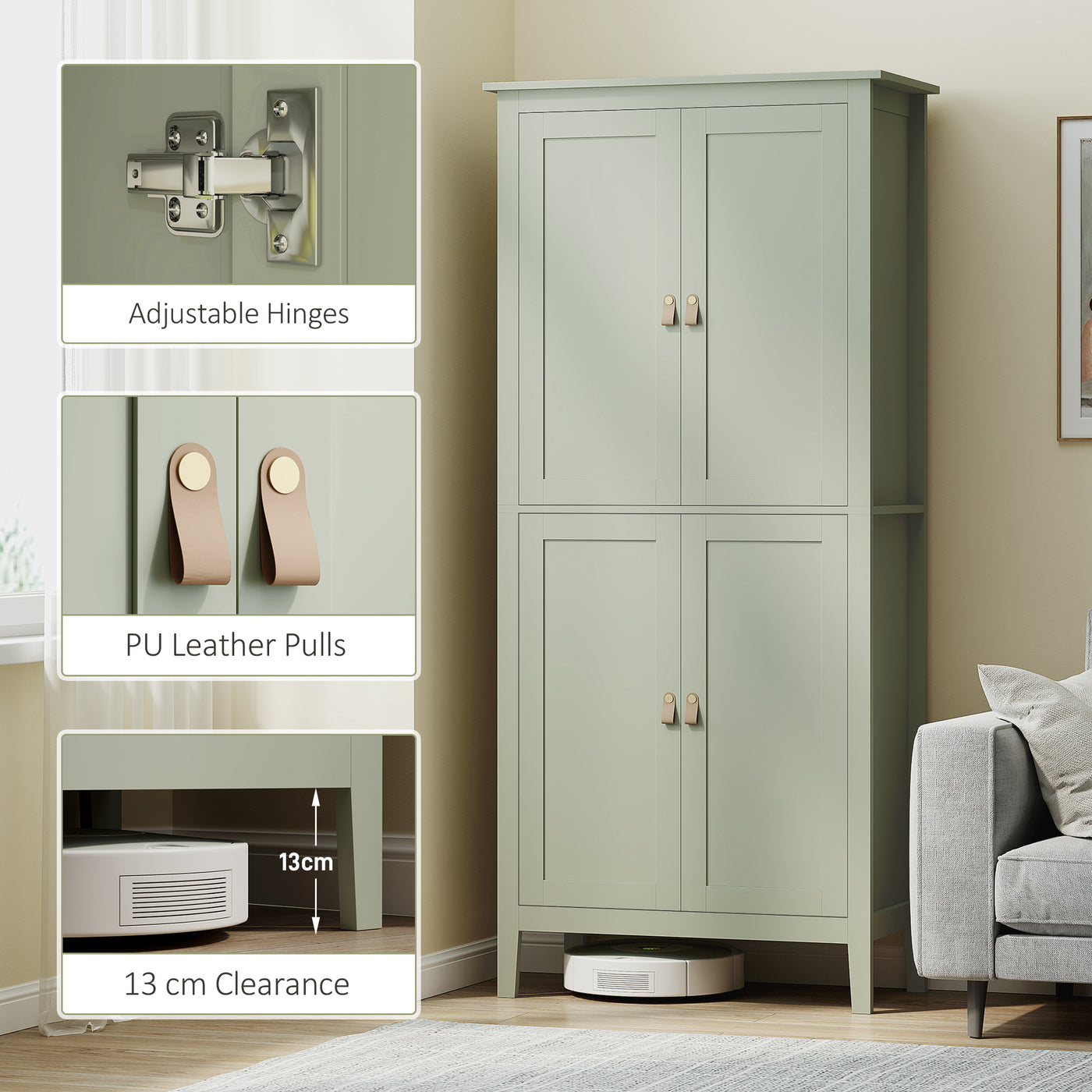 69.5" Tall Kitchen Pantry Storage Cabinet with Motion Sensor LED Light, Modern Kitchen Pantry Cabinet, Green