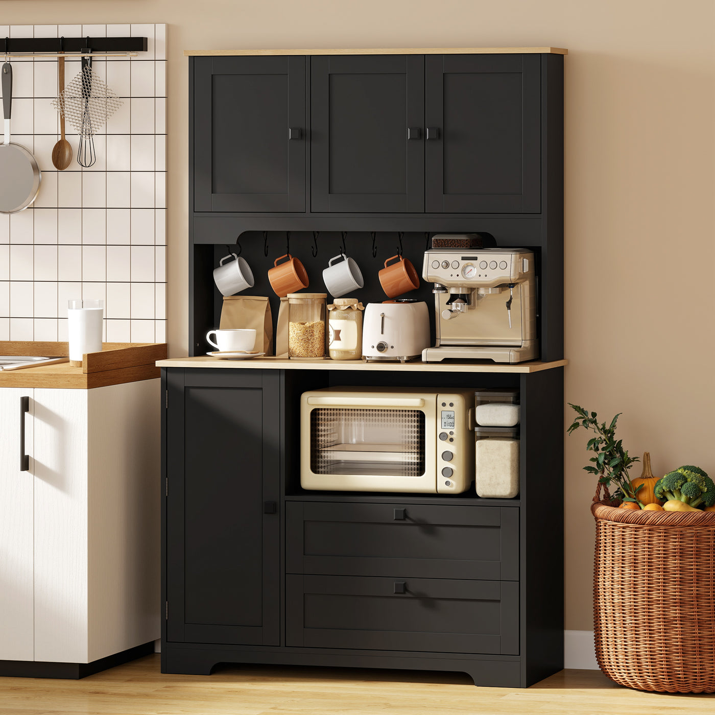 Kitchen Pantry Cabinet, 64" Tall Kitchen Hutch with 3 Cabinets, 2 Drawers, Adjustable Shelves, Microwave Stand, Black