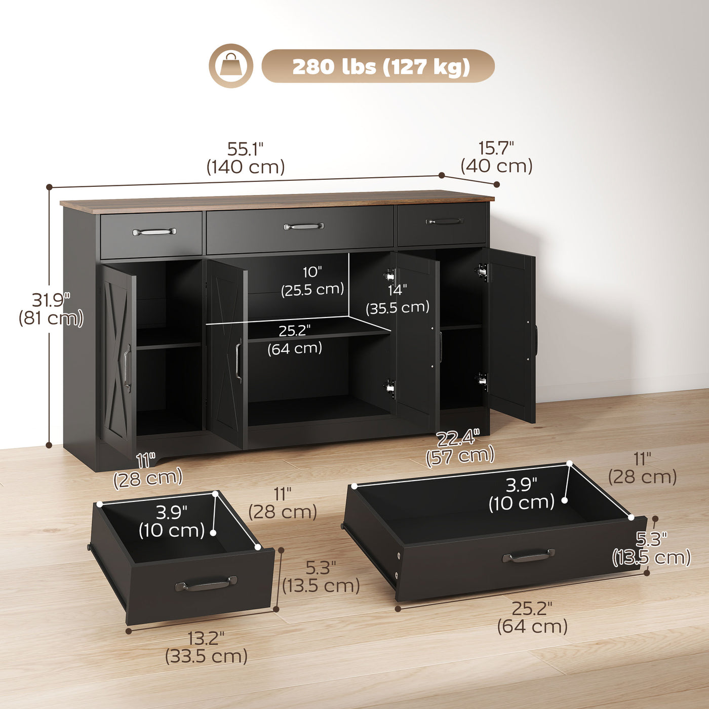 Sideboard Buffet Cabinet, 55" Farmhouse Kitchen Cabinet with 4 Barn Doors, 3 Drawers, 3 Adjustable Shelves, Black
