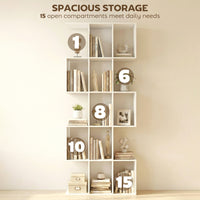 5-Tier Bookshelf, S Shaped Geometric Bookcase with 15 Compartments, White Wood Grain