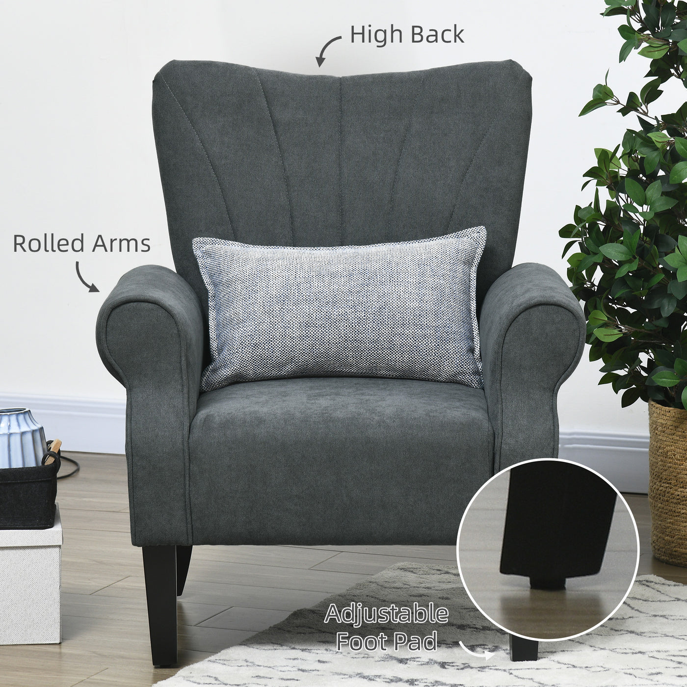 Fabric Armchair, Modern Accent Chair with Wood Legs for Living Room, Bedroom, Home Office, Dark Grey