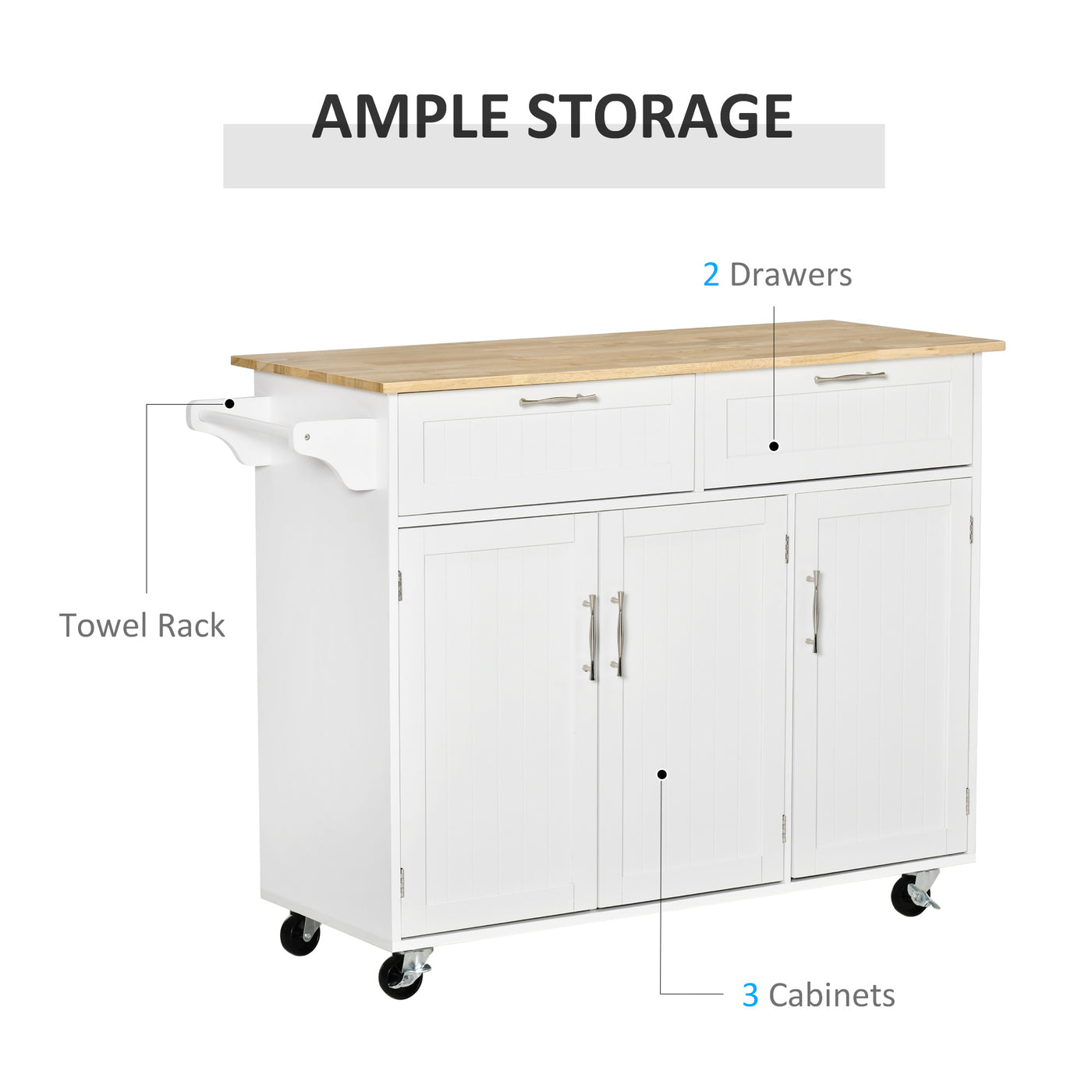 48" Kitchen Island with Storage and Solid Wood Top, Rolling Kitchen Cart on Wheels with 2 Storage Drawers, 3 Doors and Towel Rack for Dining Room, White