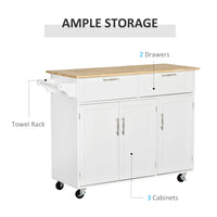 48" Kitchen Island with Storage and Solid Wood Top, Rolling Kitchen Cart on Wheels with 2 Storage Drawers, 3 Doors and Towel Rack for Dining Room, White