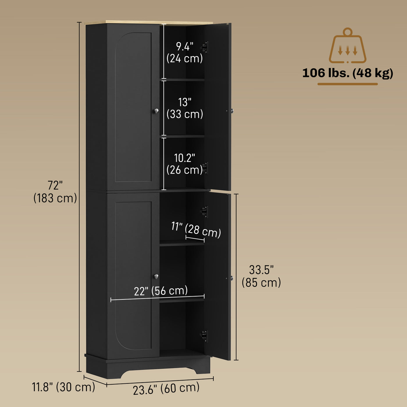 72" Tall Pantry Cabinet, Kitchen Pantry Cabinet with Adjustable Shelves, Storage Cabinet with 4 Doors, Black