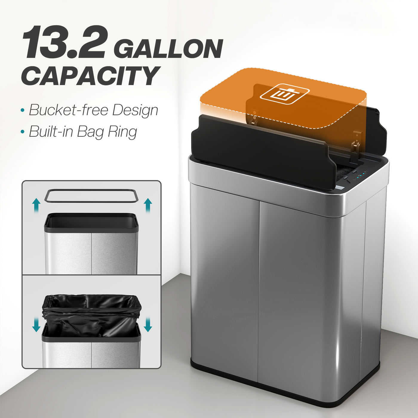 13.2 Gallon (50 L) Sensor Can, Garbage Can with Soft-Close Butterfly Lid, Fingerprint-Proof Stainless Steel, Silver