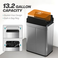 13.2 Gallon (50 L) Sensor Can, Garbage Can with Soft-Close Butterfly Lid, Fingerprint-Proof Stainless Steel, Silver