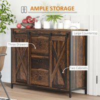 Industrial Buffet Cabinet, Kitchen Sideboard with Sliding Barn Doors, Three Drawers and Adjustable Shelves, Rustic Brown