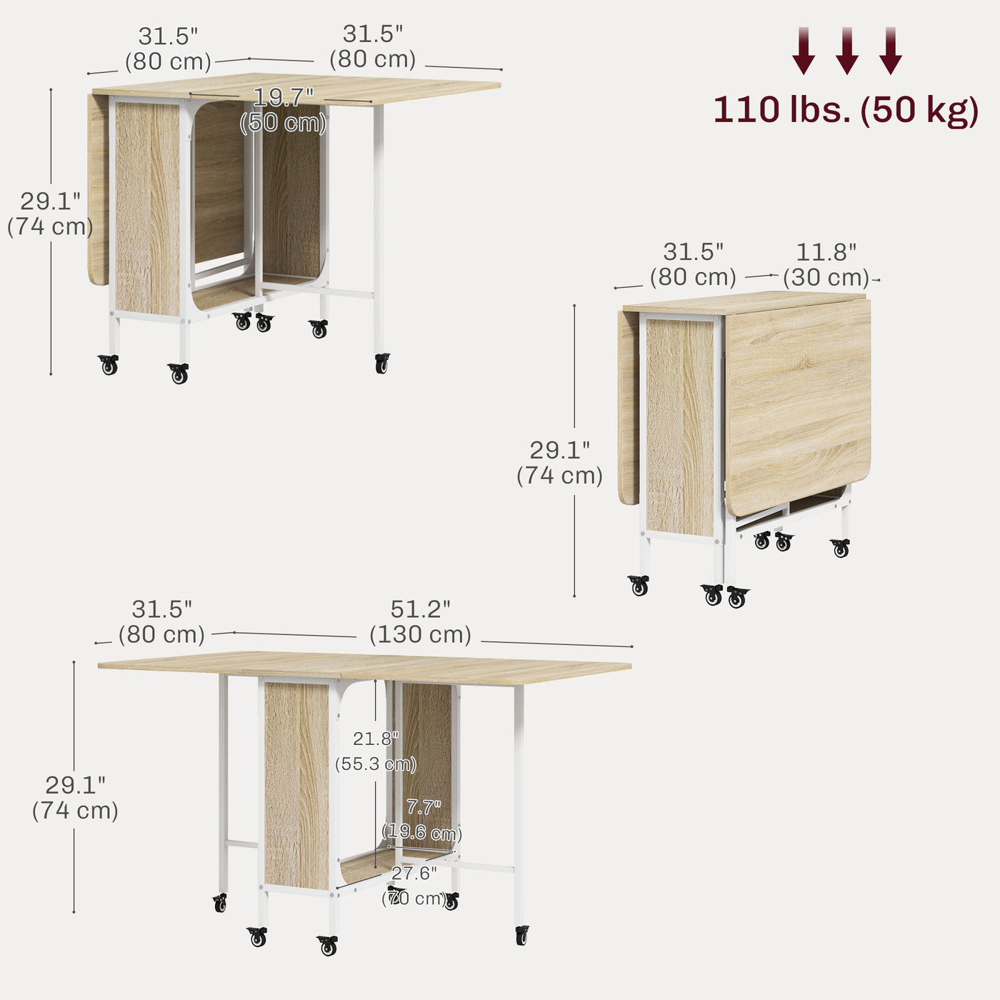 Folding Dining Table, Extendable Kitchen Table for Small Spaces with Storage Shelf and 6 Wheels, Natural Wood