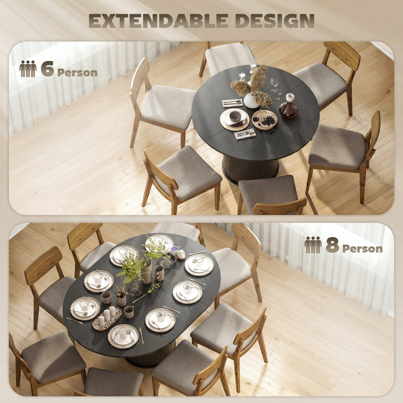 Extendable Kitchen Table for 6-8, 43.5"-59" Farmhouse Dining Table with Pedestal Base Black Wood Grain