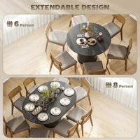 Extendable Kitchen Table for 6-8, 43.5"-59" Farmhouse Dining Table with Pedestal Base Black Wood Grain