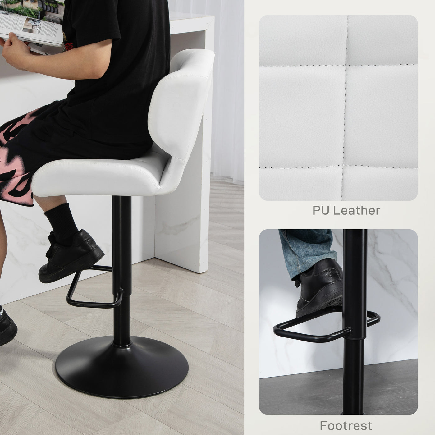 Swivel PU Leather Barstools Set of 2 Adjustable Bar Stools with Footrest Back for Kitchen Counter Dining Room White