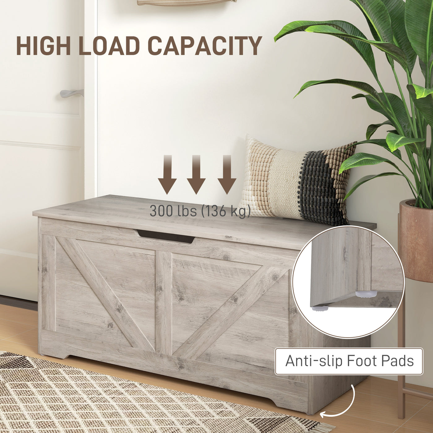 39.4 Inches Storage Chest, Storage Trunk with 2 Safety Hinges for Living Room, Grey Wood Grain