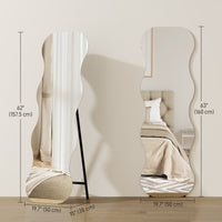 64" x 21" Full Length Mirror, Irregular Wavy Frameless Full Body Mirror with Pine Wood Base for Bedroom, Black