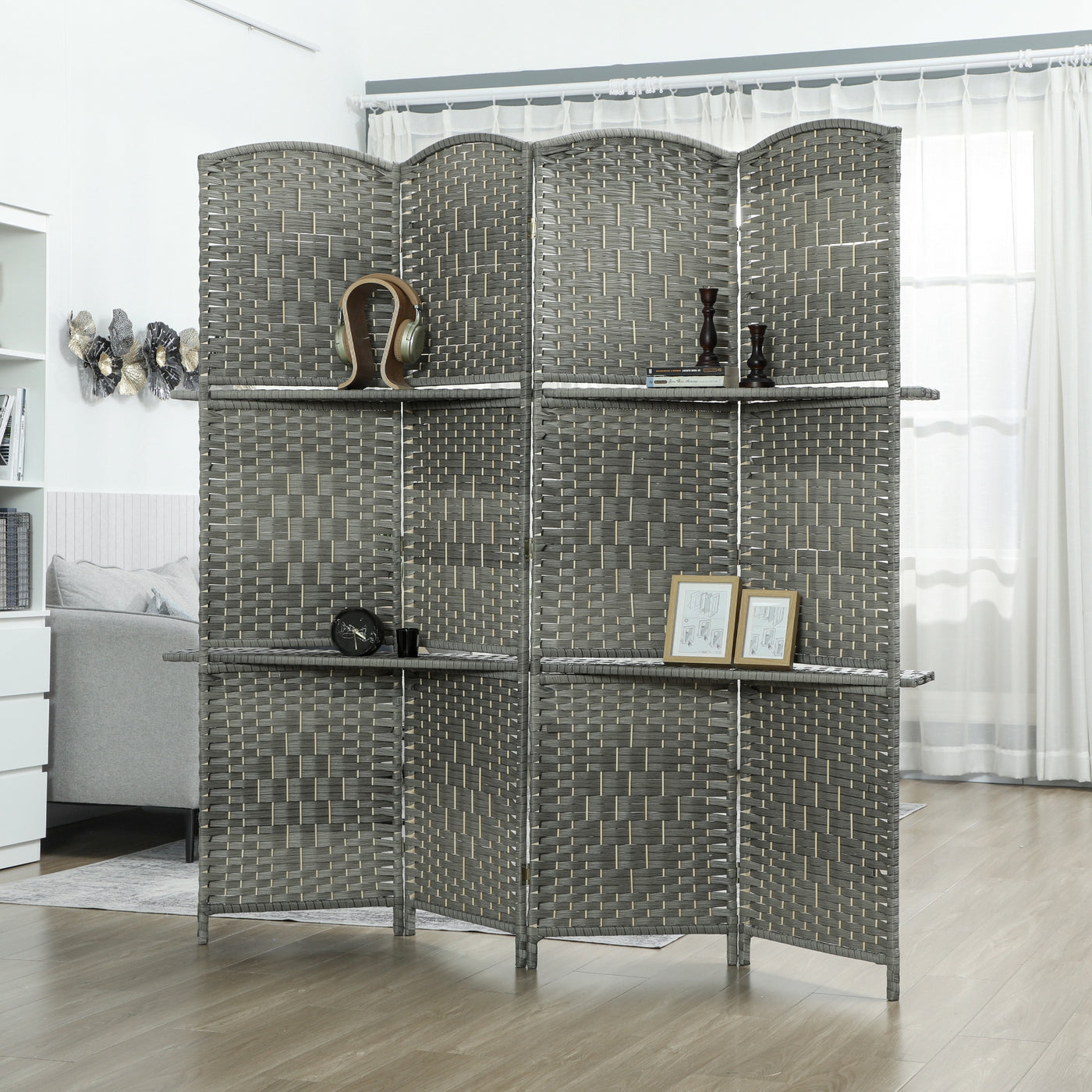 6 FT Privacy Screen, 4 Panel Room Divider with Shelves for Living Room Bedroom Home Office, Grey