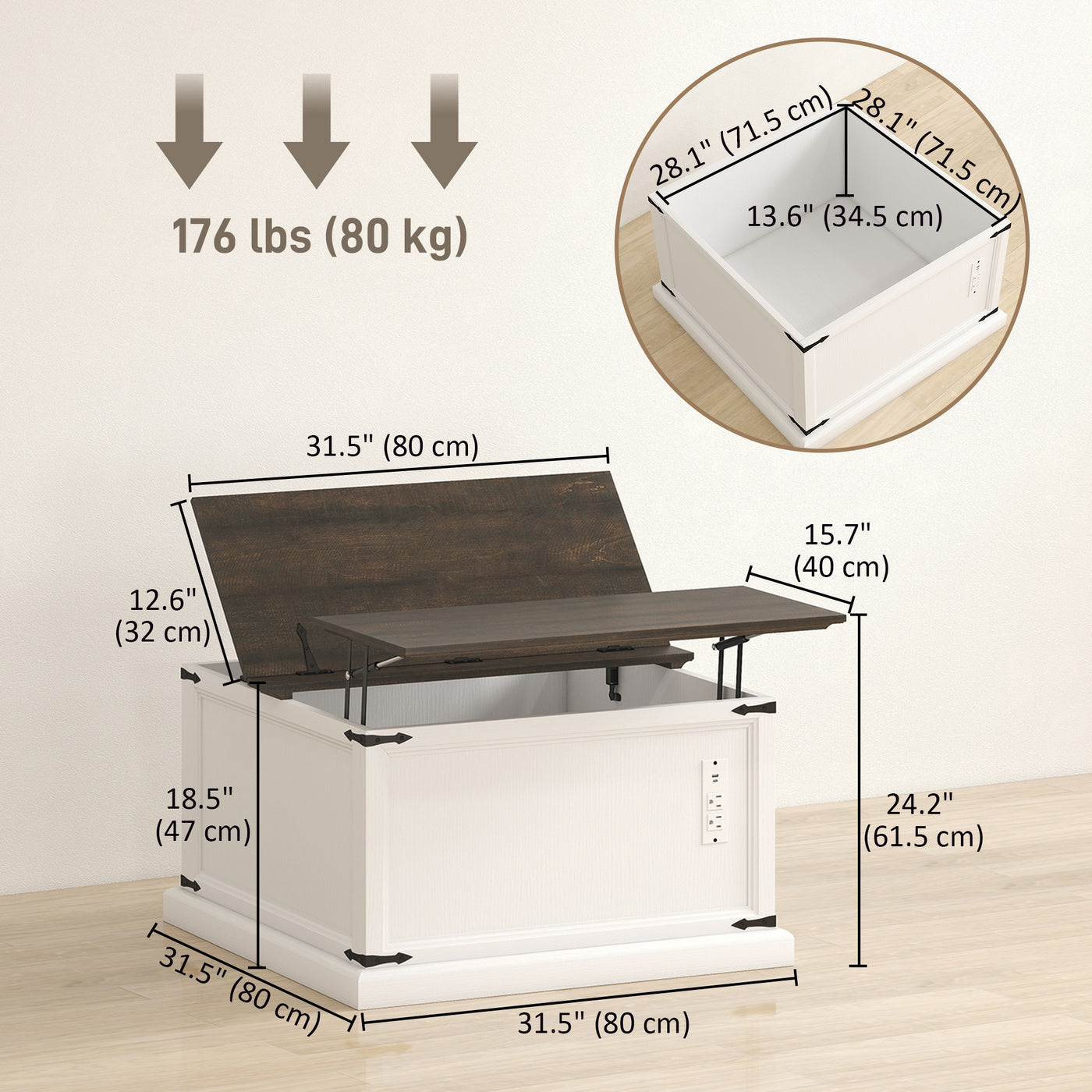 Lift Top Coffee Table with Charging Station, Square Farmhouse Center Table with Hidden Storage, White Wood Grain