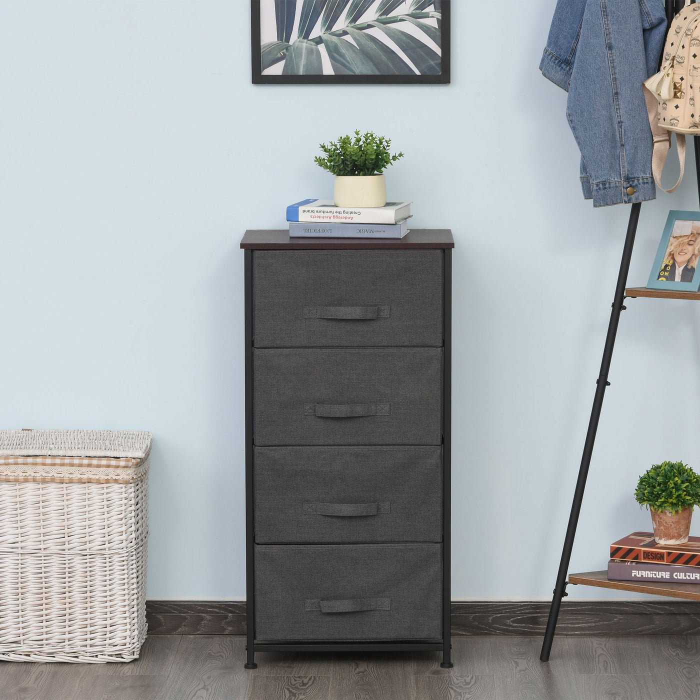 Linen Drawer Cabinet Organizer Storage Dresser Tower with 4 Removable Drawer Metal Frame Adjustable Feet for Living Room, Kitchen, Bathroom, Black