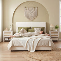 Set of 2 Boho Bedside Tables, Rattan Nightstands with 2 Drawers, Storage Shelf, End Side Tables for Bedroom, White Oak