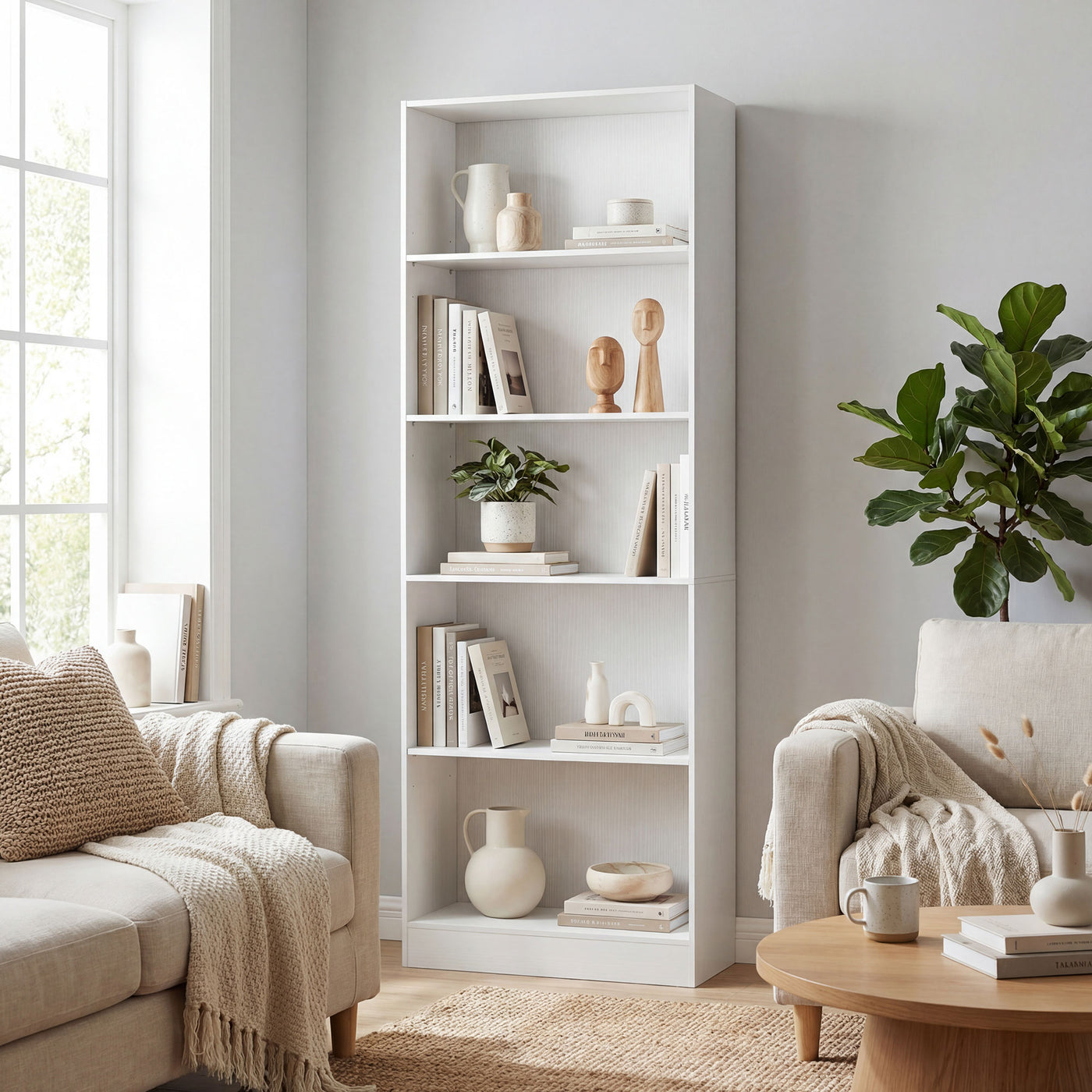 5-Tier Bookcase, Storage Bookshelf with Adjustable Shelves, Display Shelves for Living Room, Home Office, White