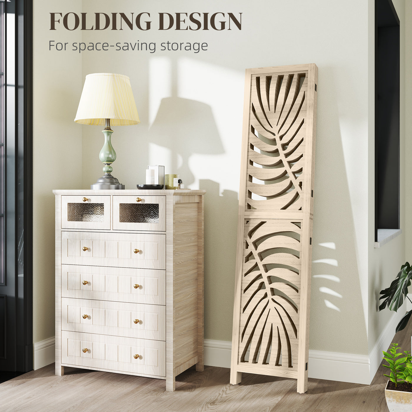 4 Panel Room Divider, Detachable Folding Privacy Screens with Palm Leaf Design for Home Office, Natural Wood Finish