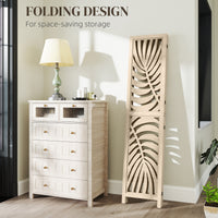 4 Panel Room Divider, Detachable Folding Privacy Screens with Palm Leaf Design for Home Office, Natural Wood Finish
