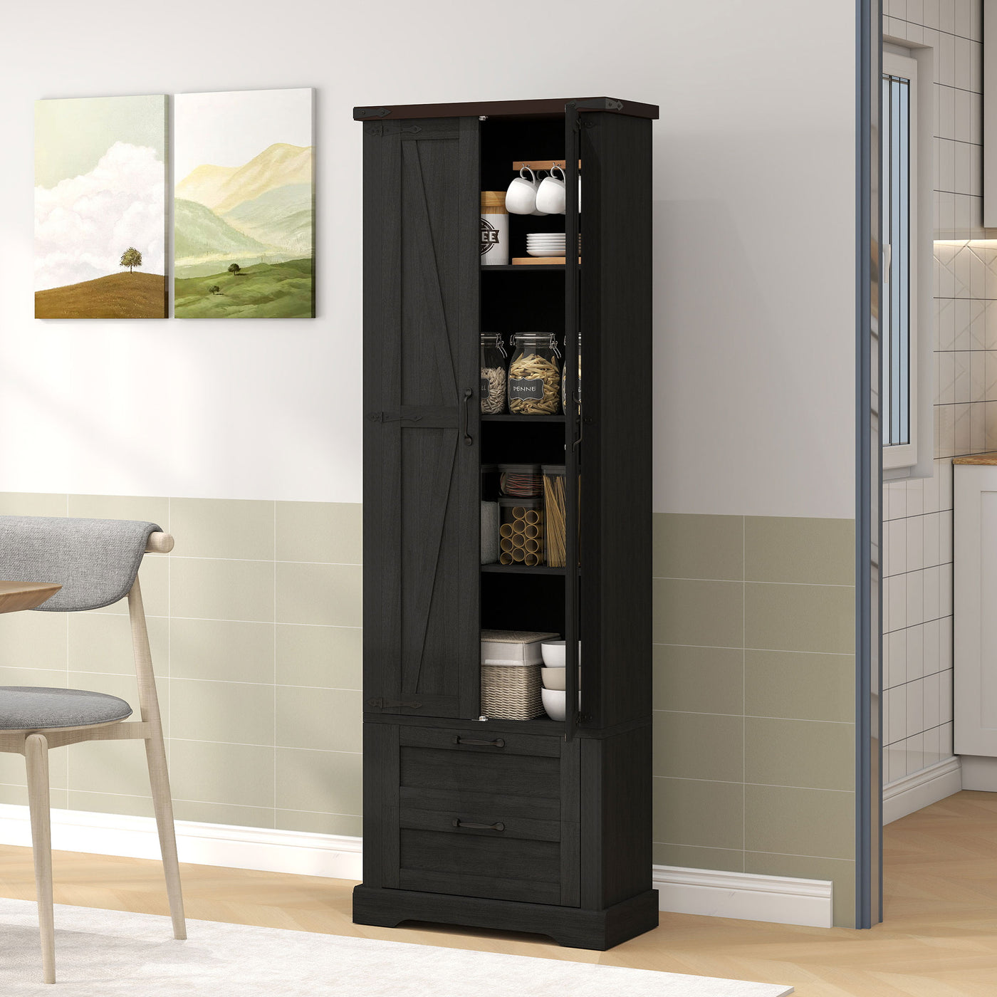 71" Tall Kitchen Pantry Cabinet, Farmhouse Kitchen Storage Cabinet with 2 Drawer and Adjustable Shelves, Black
