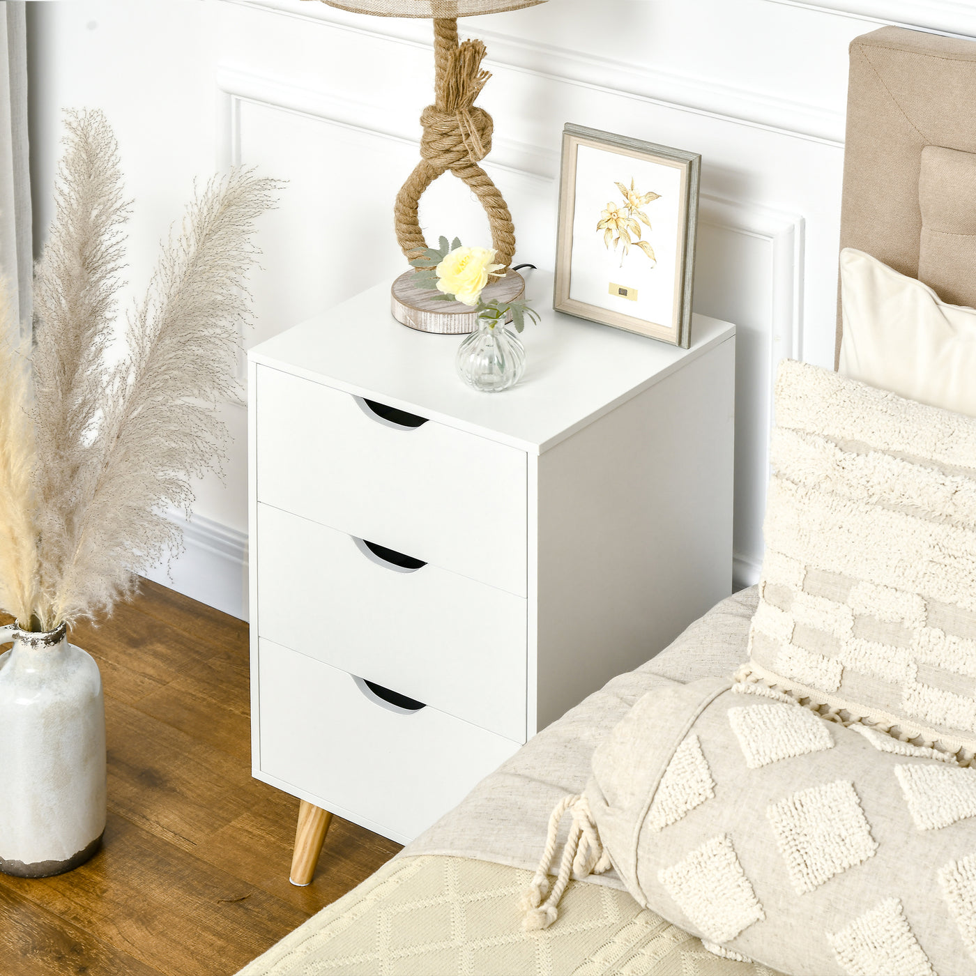 Bedside Table, Modern Nightstand with 3 Drawers, Side End Table with Wood Legs for Living Room, Bedroom, White