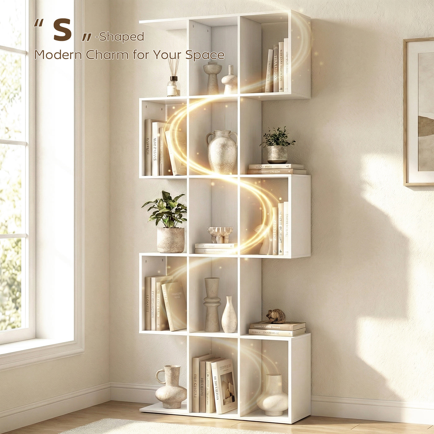5-Tier Bookshelf, S Shaped Geometric Bookcase with 15 Compartments, White Wood Grain