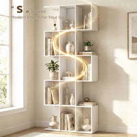 5-Tier Bookshelf, S Shaped Geometric Bookcase with 15 Compartments, White Wood Grain