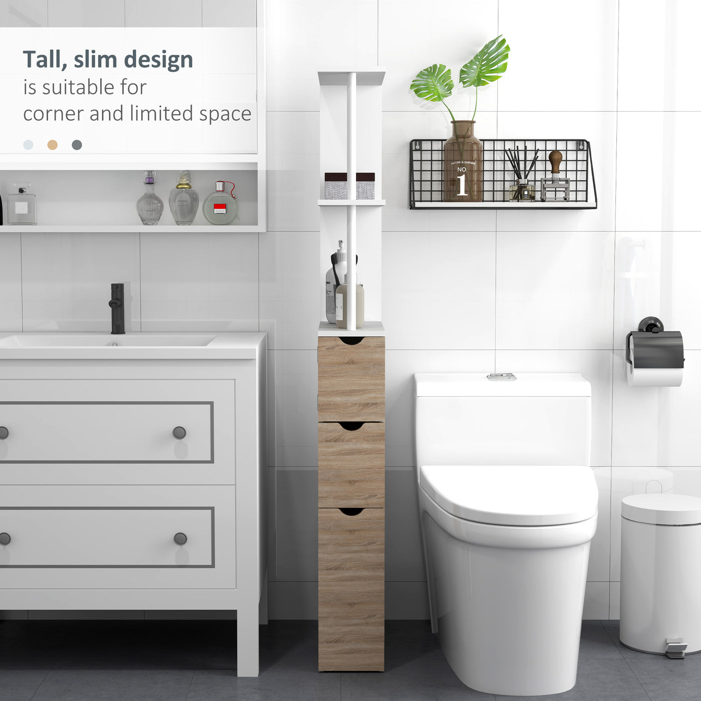 Tall Bathroom Storage Cabinet, Narrow Bathroom Cabinet with Drawers and Open Shelves for Small Spaces, Natural Wood