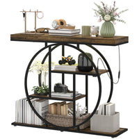 4-Tier Entryway Table with Charging Station LED Lights 39" Console Table with Circle Base for Living Room, Rustic Brown