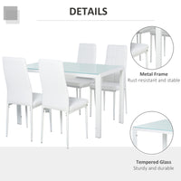 5-Piece Rectangular Glass Kitchen Table and Chairs with Metal Frame and Faux Leather Upholstery for Dining Room, White