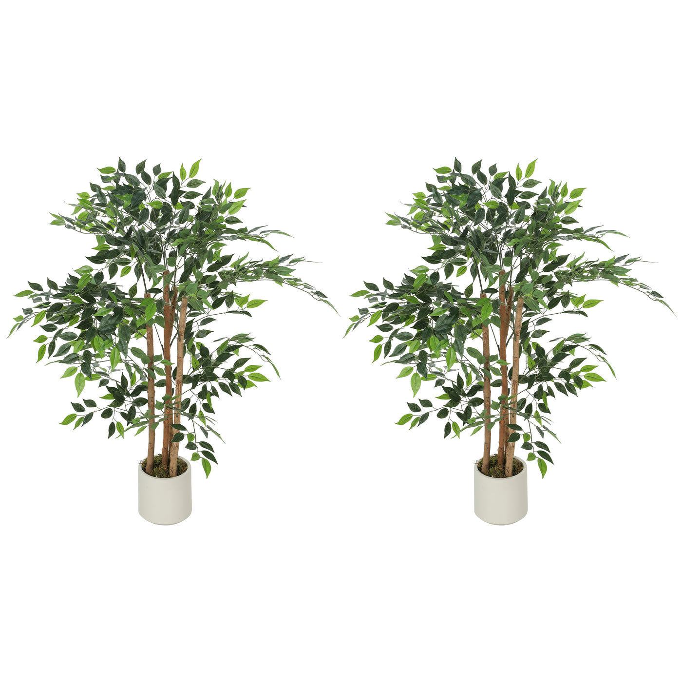 4FT Artificial Banyan Tree Set of 2, Fake Potted Tree with Solid Wood Trunk and Pot for Indoor