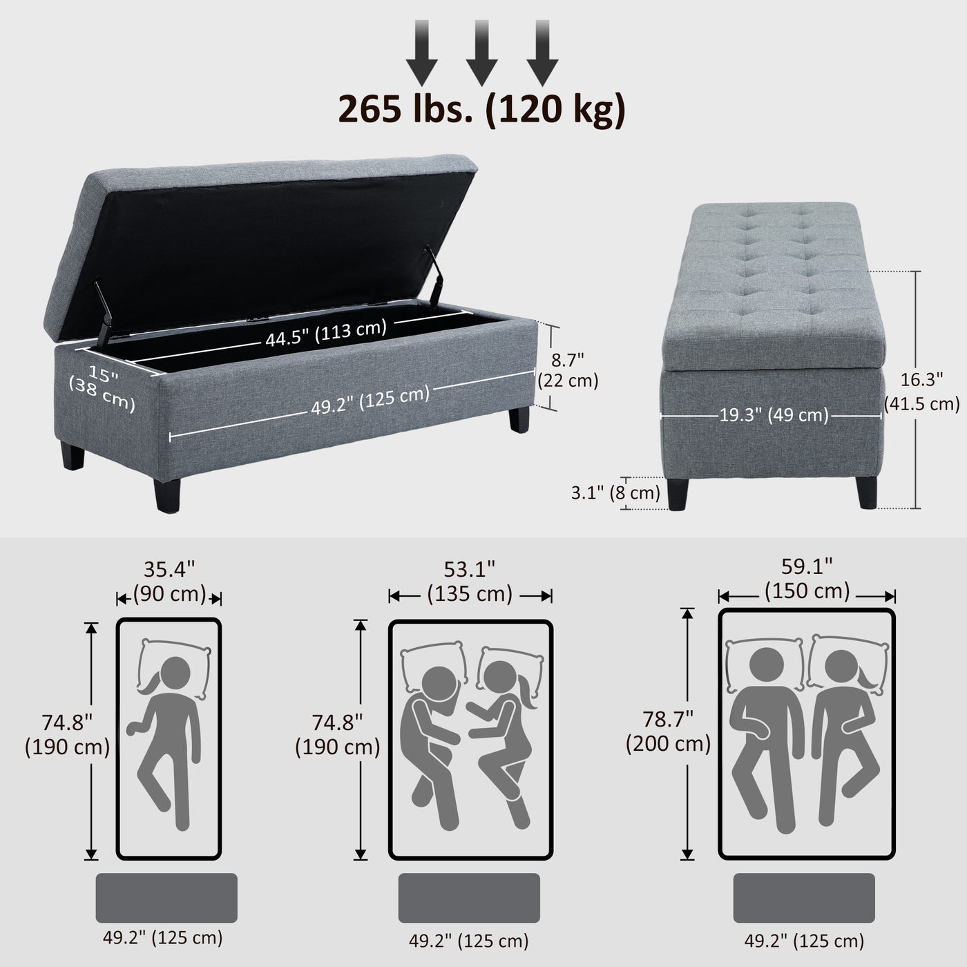 Rectangular Entry Bench, Tufted Upholstered Linen Fabric Wood Feet Storage Ottoman Bench, Grey