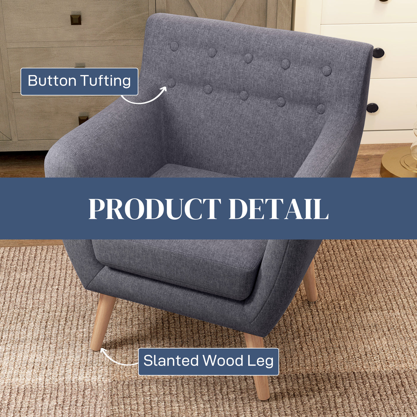 Linen Upholstery Armchair, Mid-Century Modern Accent Chair with Wood Frame and Thick Padding, Light Grey