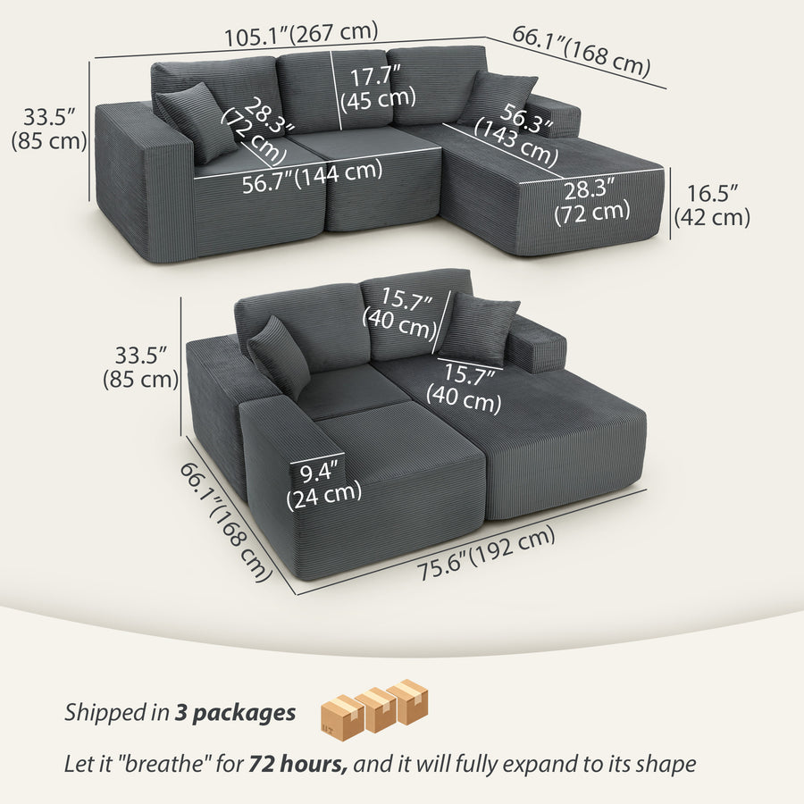 2-in-1 Modular Sectional Sofa, Boneless L Shaped Couch Sofa Bed, Dark Grey