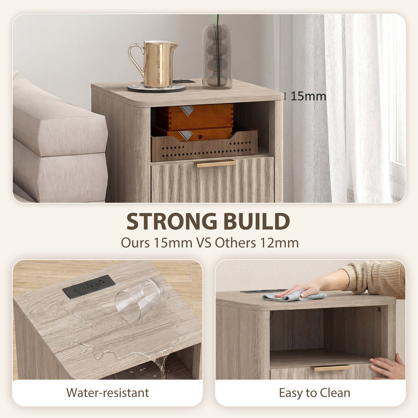 Nightstands Set of 2, Modern Bedside Tables with Charging Station, 2 Drawers and Open Shelf, Grey