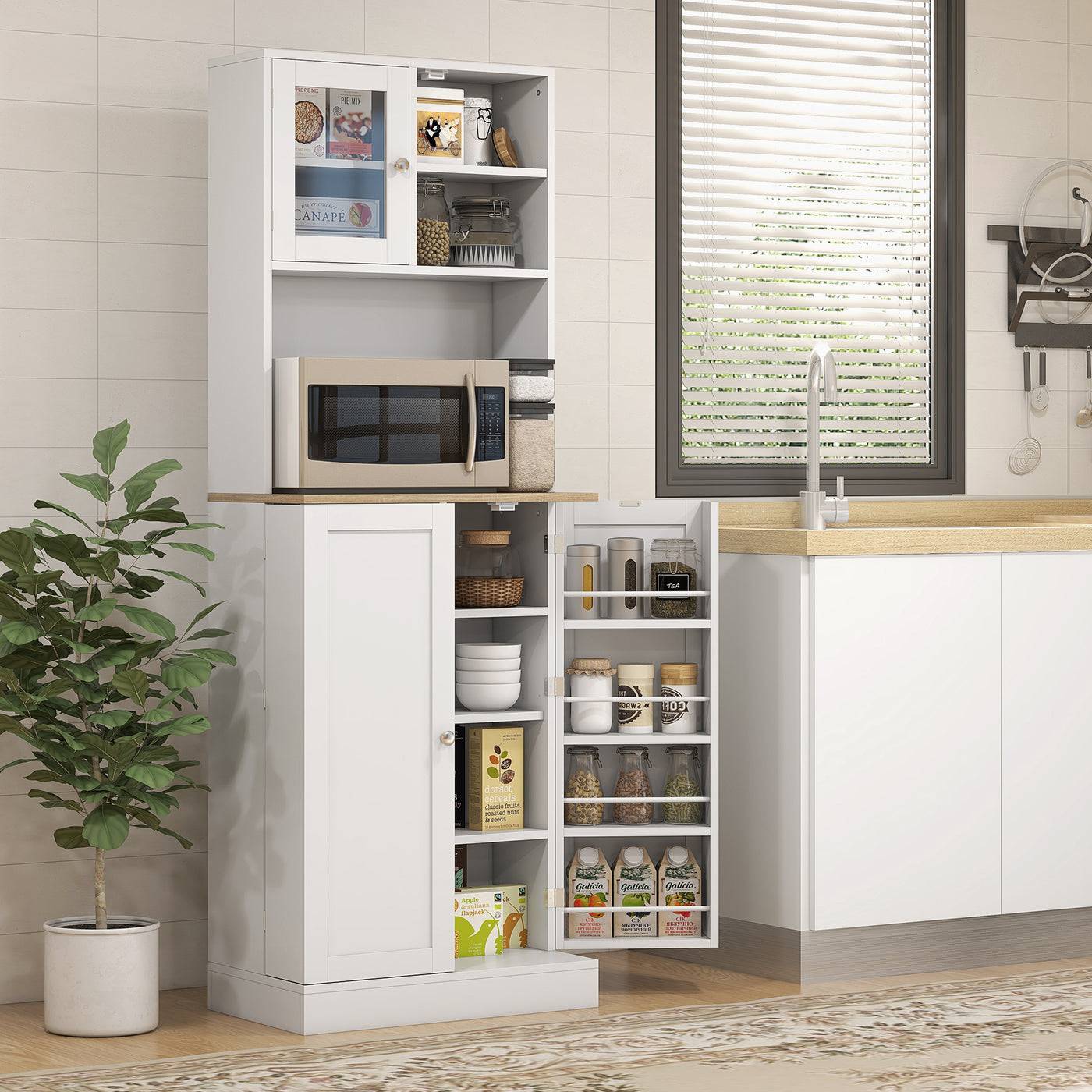 66.5" Tall Kitchen Pantry Cabinet, Kitchen Hutch, Microwave Cabinet with Adjustable Shelves for Dining Room, White