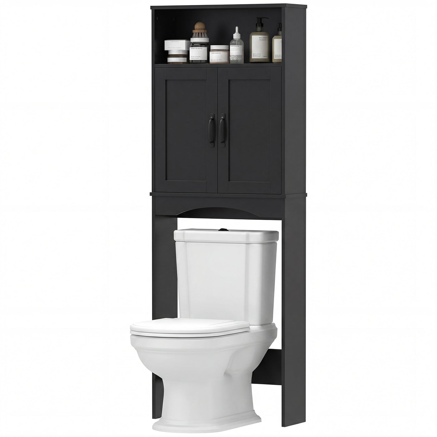 Over the Toilet Storage Cabinet Freestanding Bathroom Organizer with 2 Doors and Open Shelf Black